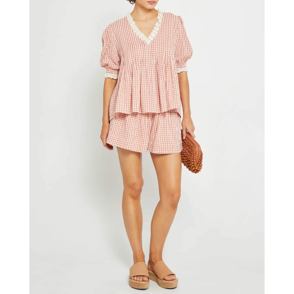 NWT Kourt Bronwyn Lace Trim Short Set in Pink Plaid - Size Small